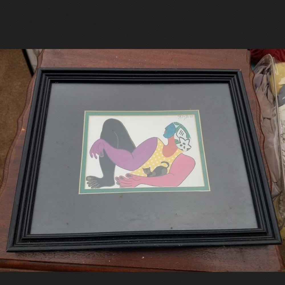 Vintage 1987 AJSMITH framed drawing MAN WITH CAT